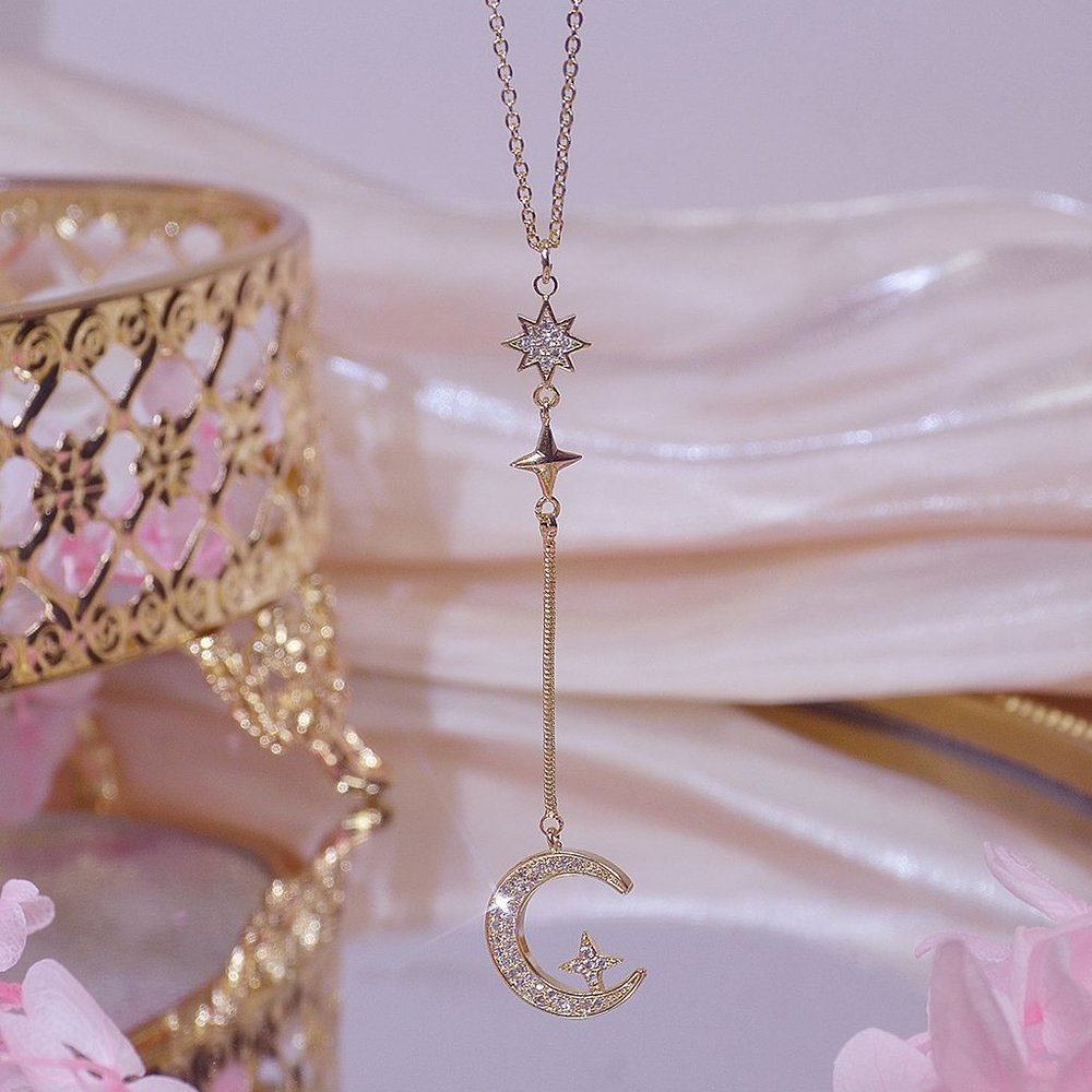 NEW 14K Gold Plated Diamond Crescent Moon Star Drop Necklace - Picture 1 of 6